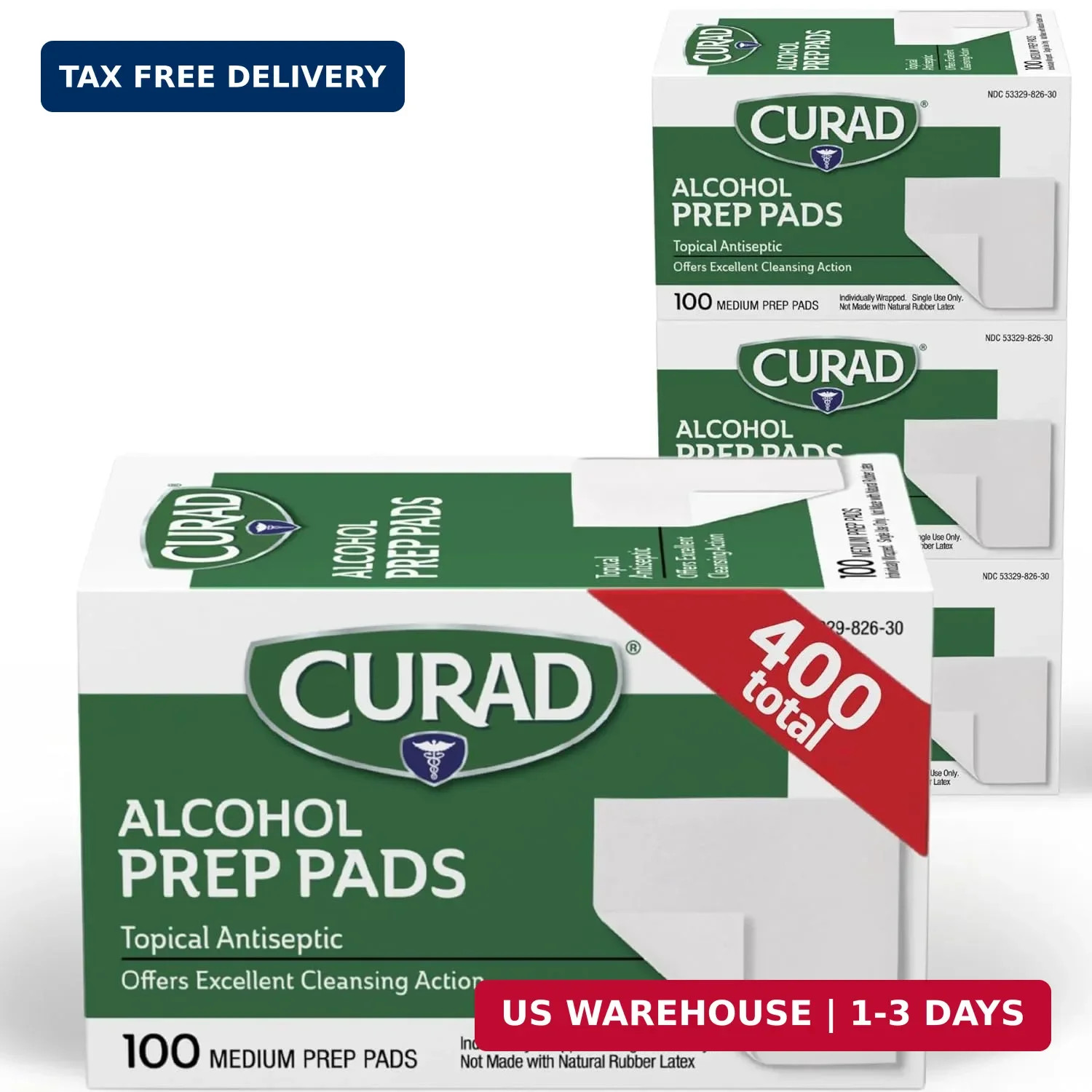 CURAD Alcohol Prep Pads (Pack of 4 Boxes) | 400 Pieces of Medium Isopropyl Alcoh