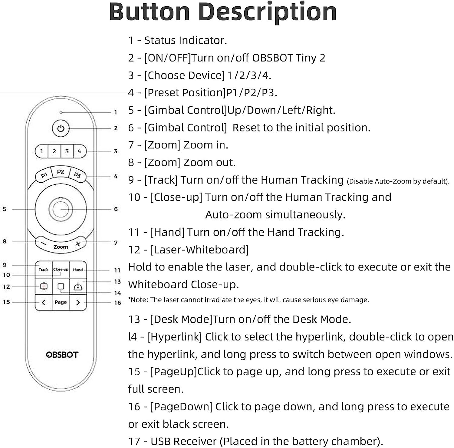 OBSBOT Tiny 2 Smart Remote Control Controller for Tiny 2 Tiny 4K 1080P Webcams
