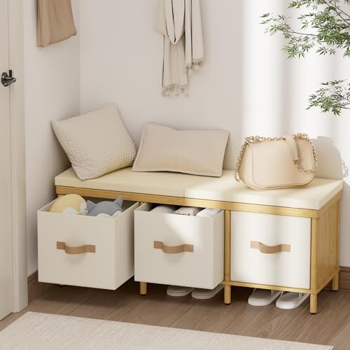 Storage Bench, 43.3" Bamboo Storage Chest with 3 Drawers, Entryway Bench with