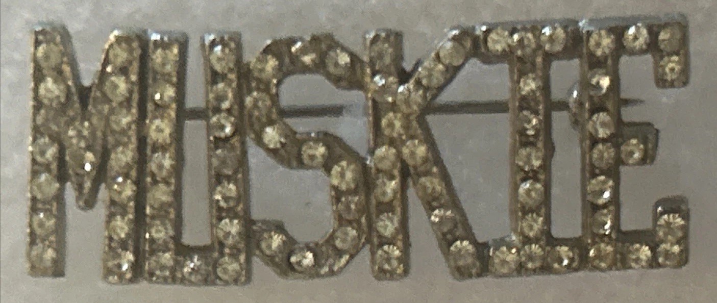 Muskie rhinestone metal  1 7/8” pinback button pin