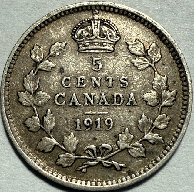 CANADA - George V - Silver 5 Cents - 1919 - Km-22 - FREE USA Shipping!