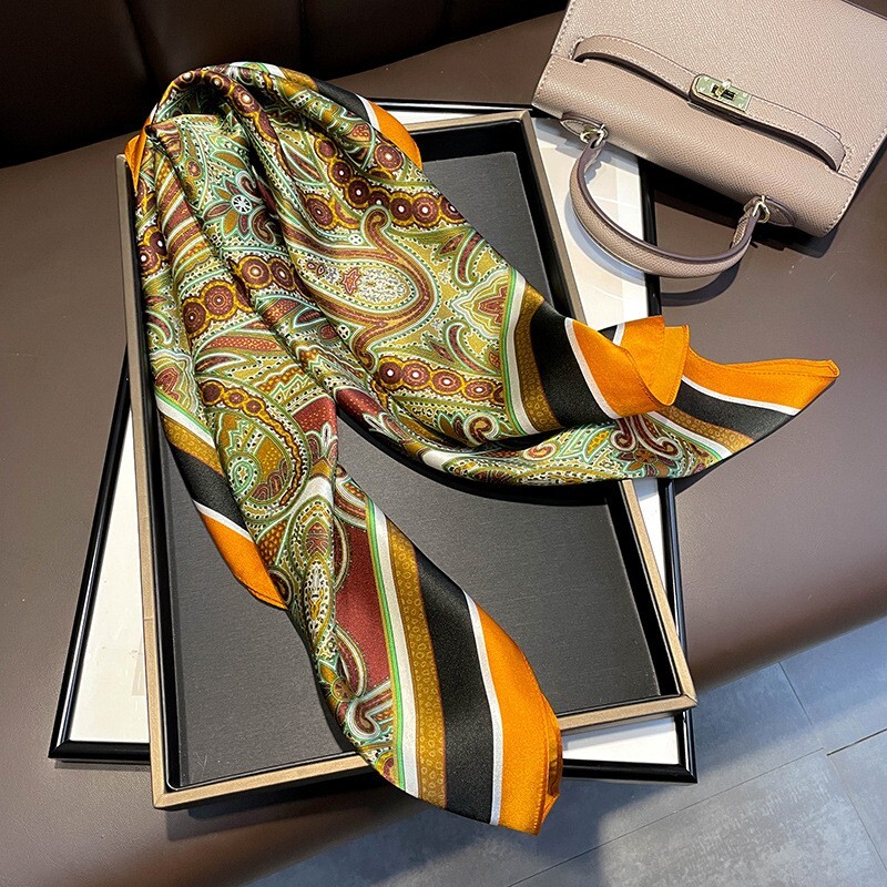 100% Mulberry Silk 27" Square Scarf Women Neckerchief Wrap Green Orange Paisley