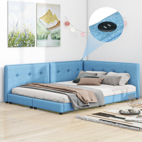 Modern Upholstered Platform Bed Full Queen Size Bed Frames Sofa Bed Daybed Blue