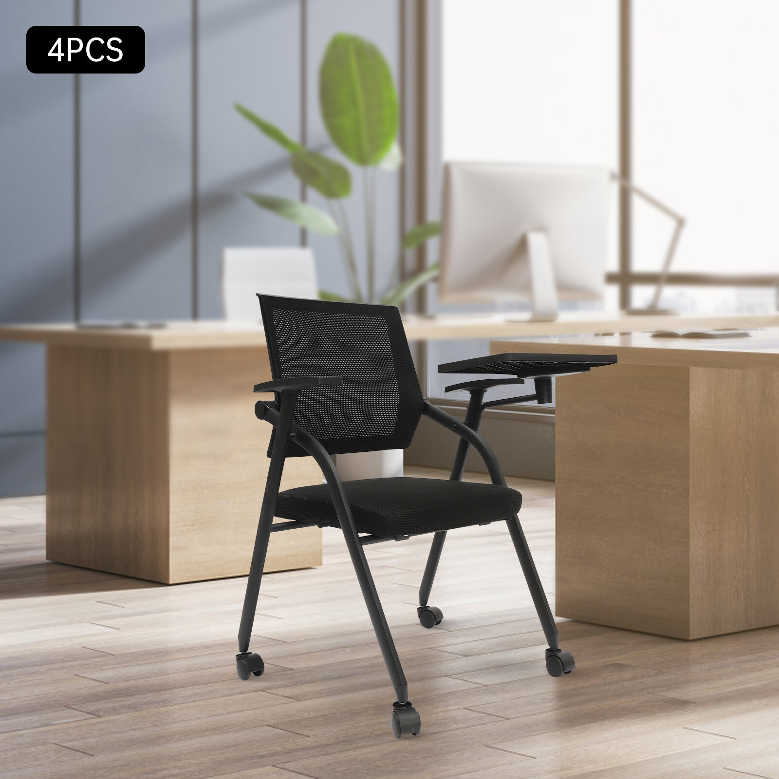4 Pack Foldable Office Chairs with Tablet Arm, Black Mesh Collapsible Desk Chair