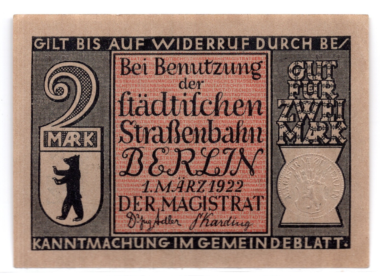 1922 Germany Berlin Notgeld 2 Mark Note (3199)