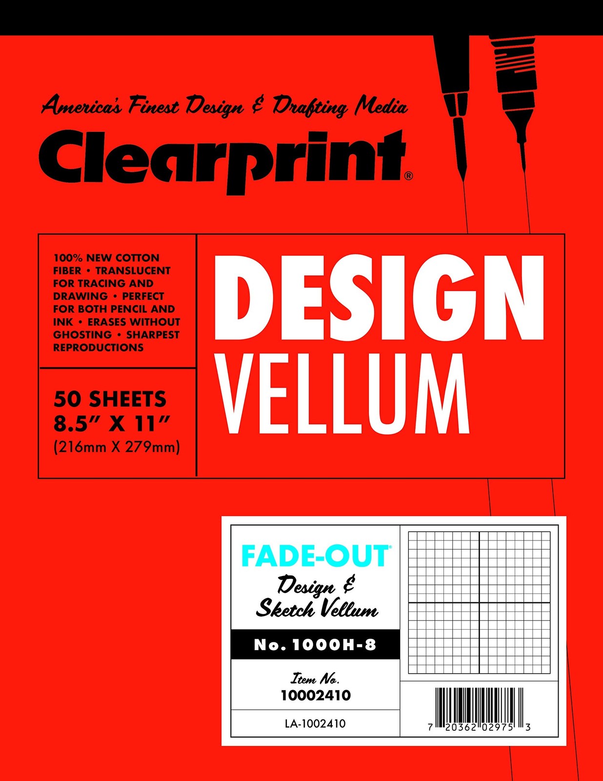 Clearprint 8-1/2" x 11" 1000H Design Vellum Pad with Printed Fade-Out 8x8 Gri...