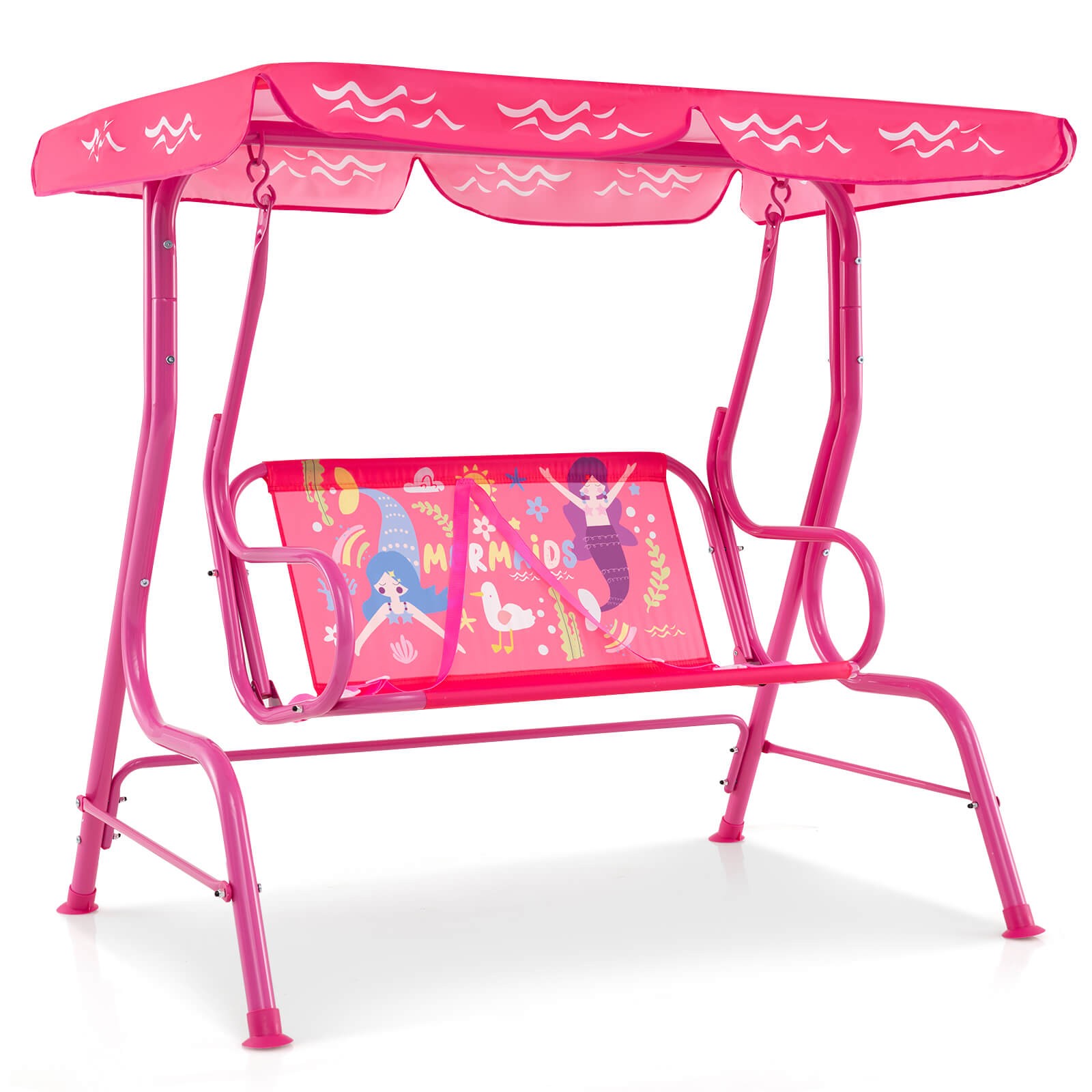 2-Seater Toddler Porch Swing Chair w/Metal Stand Adjustable Canopy Safety Belts