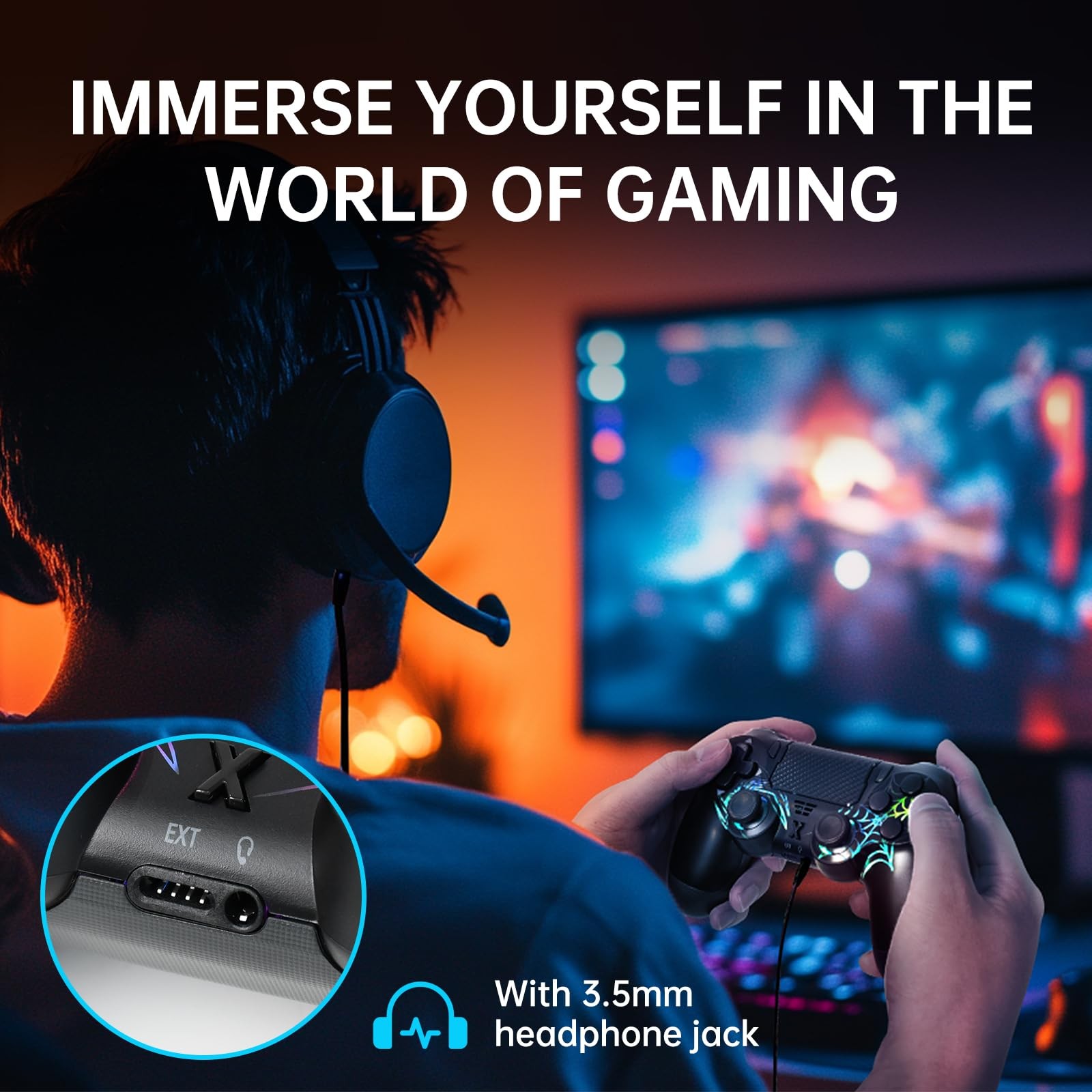 Wireless Controller for PS4/PC, Black Spider Design, Hall Effect Joystick, RG...