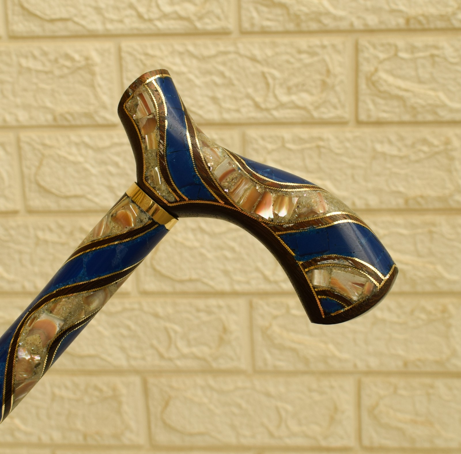Mother of Pearl & Lapis Walking Cane – Handmade Inlaid Wooden Collector Stick