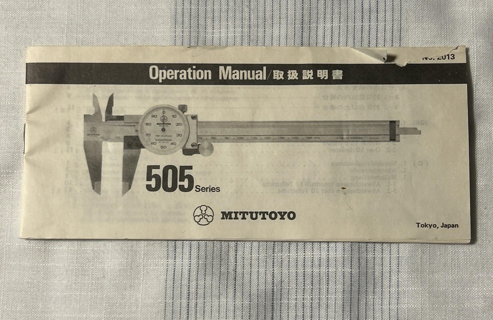 Mitutoyo 505 Series Caliper No. 2013 Operation Manual Printed in Japan