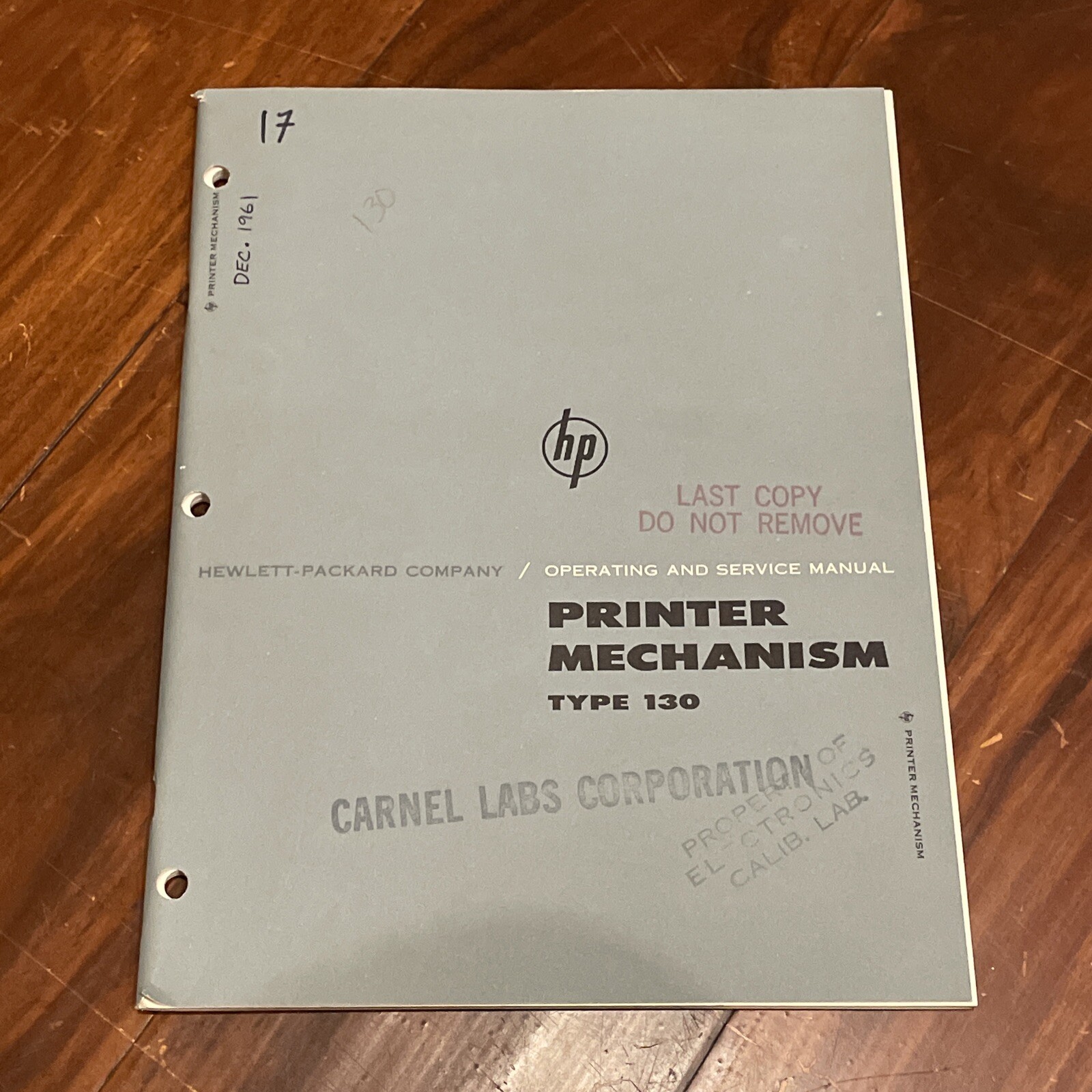 HP Type 130 Printer Mechanism Operating & Service Manual Dec 1961