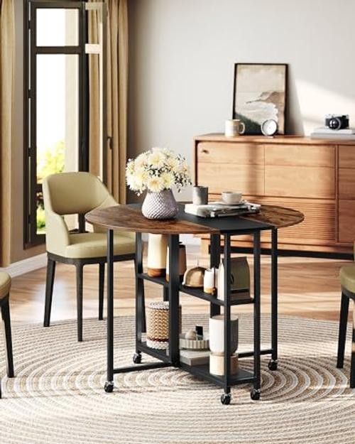 Folding Dining Table, Kitchen Table with 6 Wheels, Folding Round Table with 2