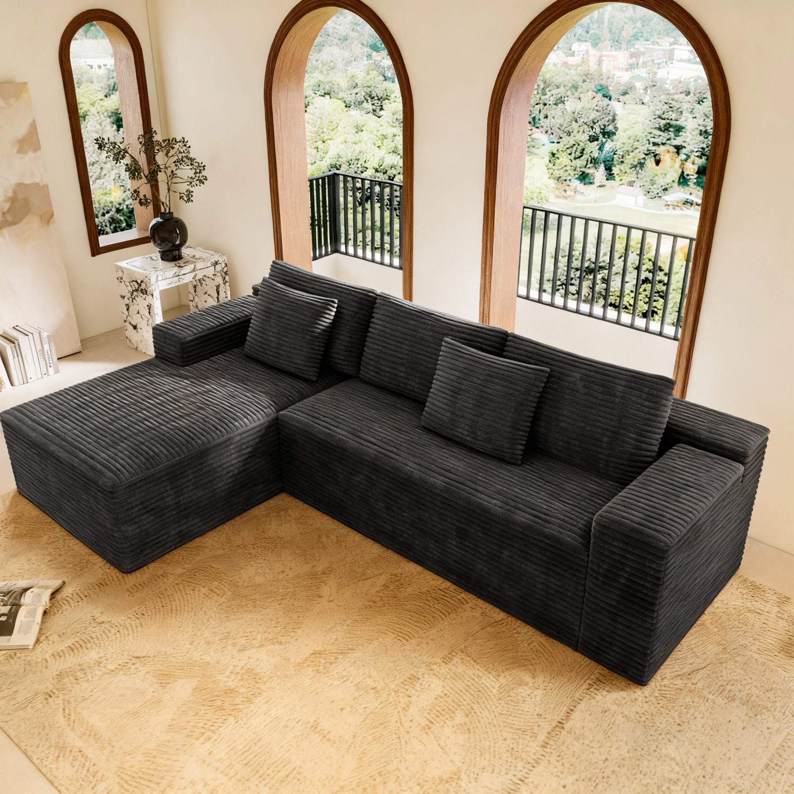Modular Sectional Sofa Plush Corduroy Fabric Grey No Assembly Required