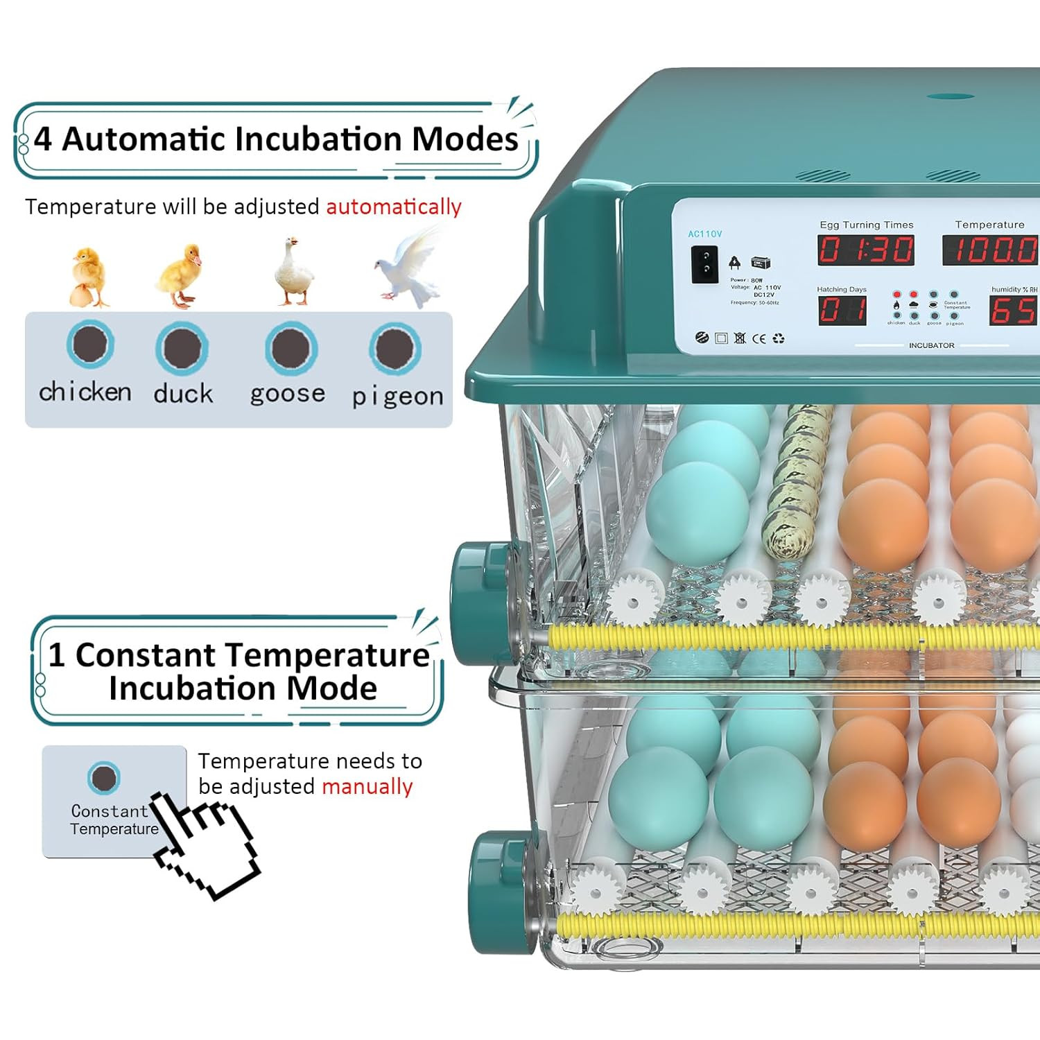 Incubators for Hatching Eggs 120, Chicken Egg Incubator w/ Automatic Egg Turning