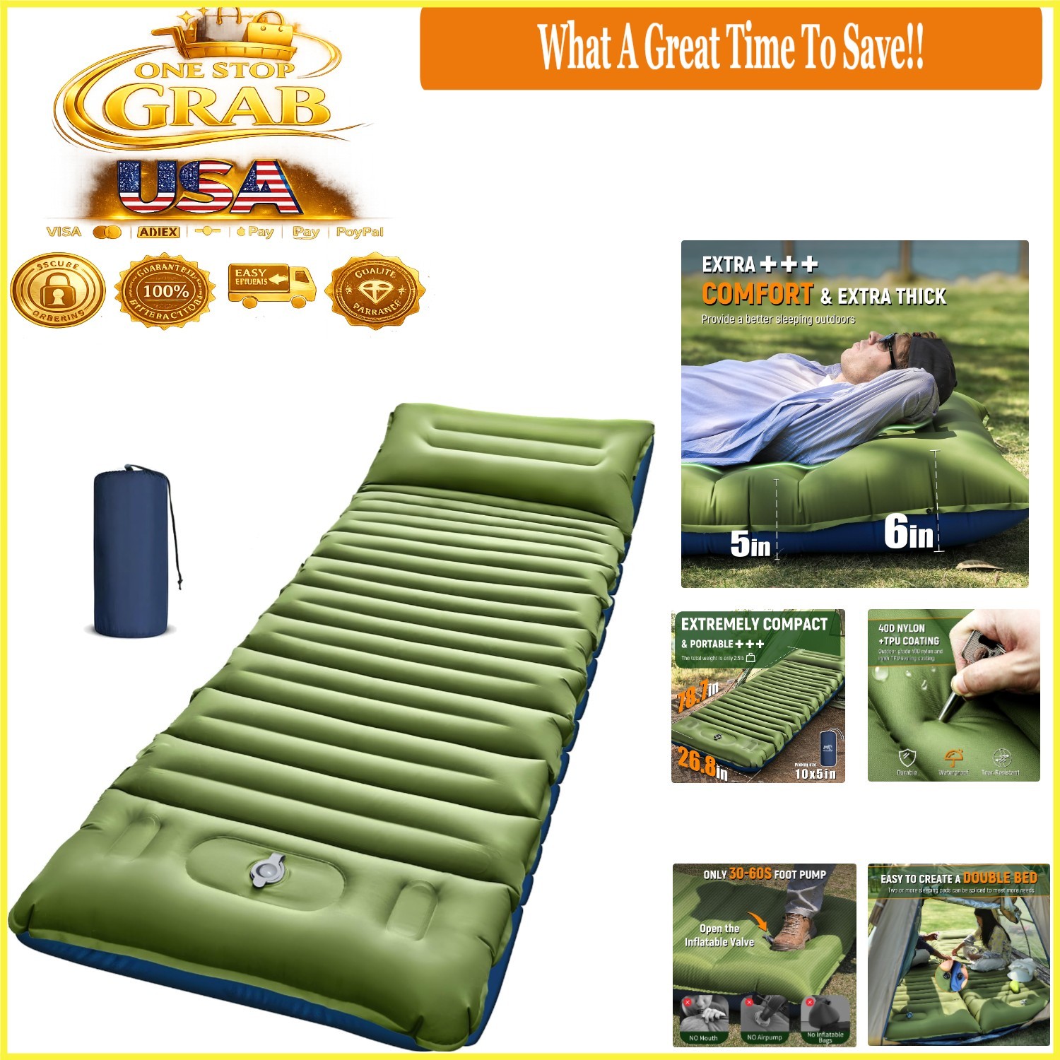 Ultralight 5 Inch Camping Sleeping Pad with Built-In Pillow & Pump Green