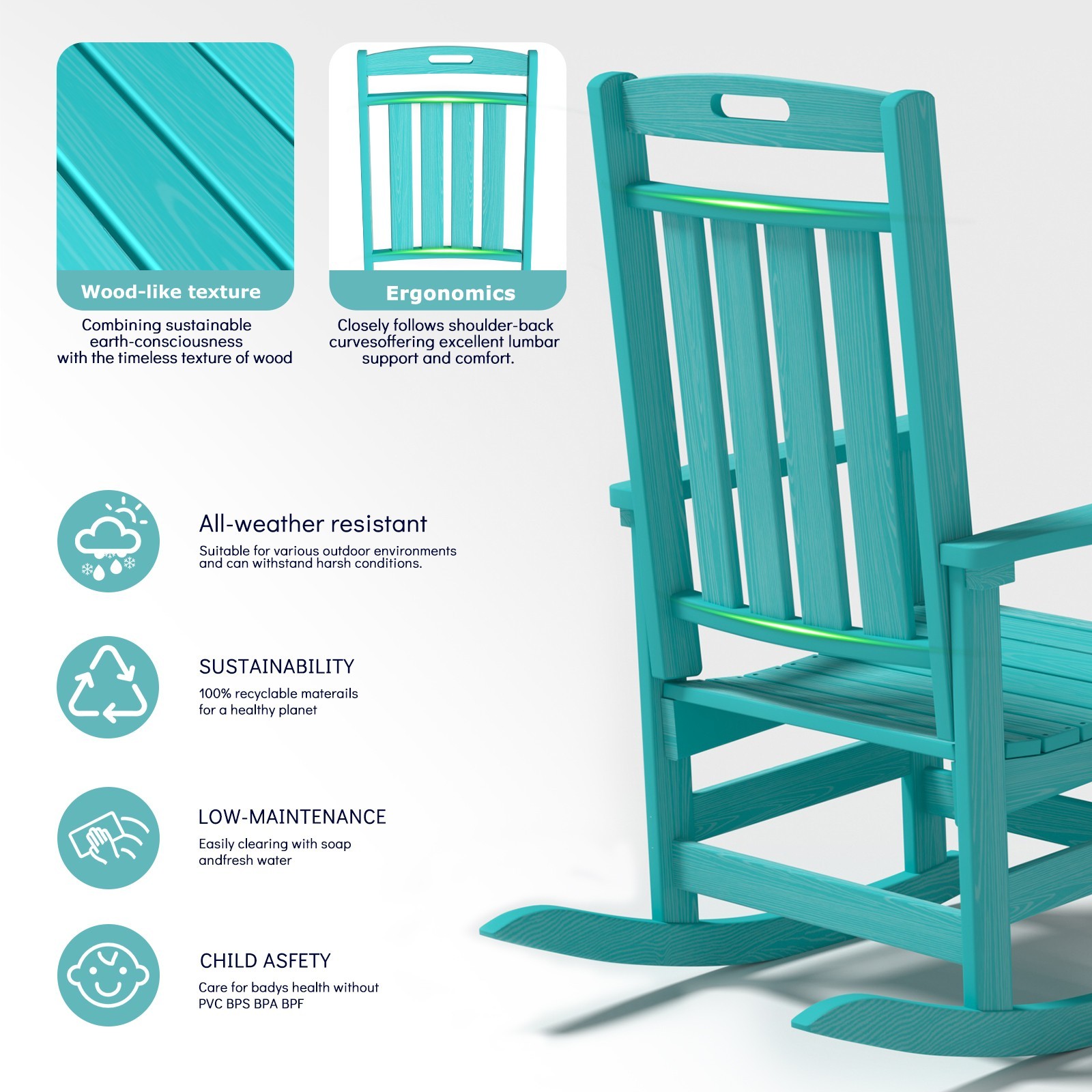 HDPE Rocking Chair Outdoor Porch Rocker High Back Weatherproof