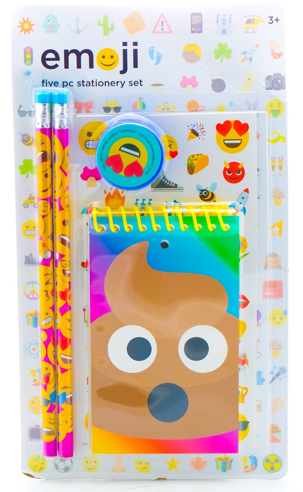 New emoji 5 Piece Stationery Set Stickers 2 Pencils Memopad 25 Sheets Sharpener
