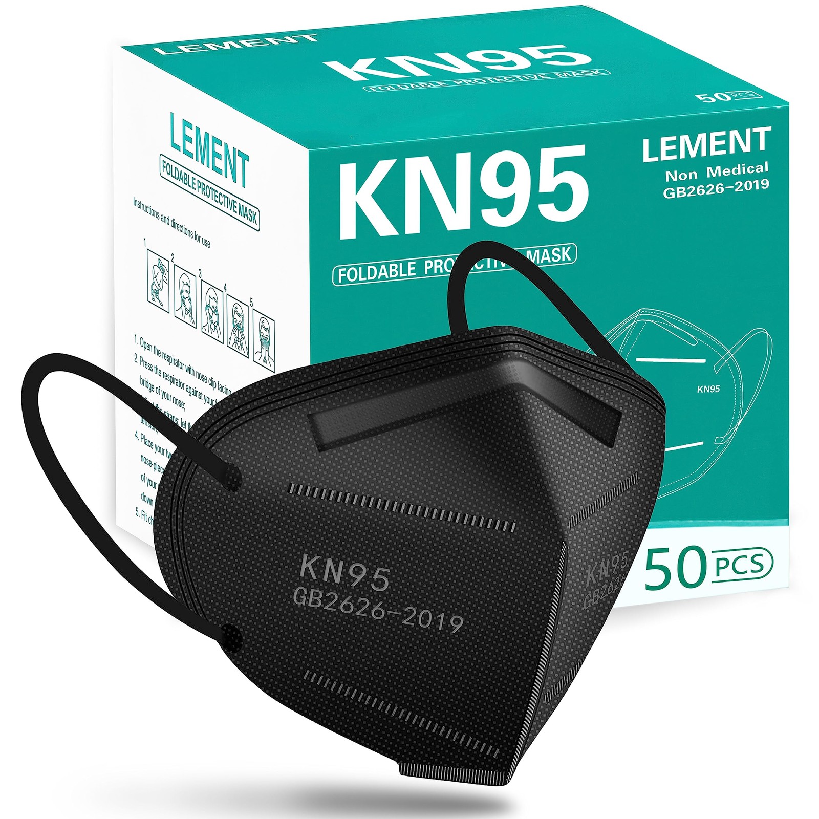 LEMENT 50pcs KN95 Face Mask Black 5 Layer Cup Dust Safety Masks Filter Efficienc