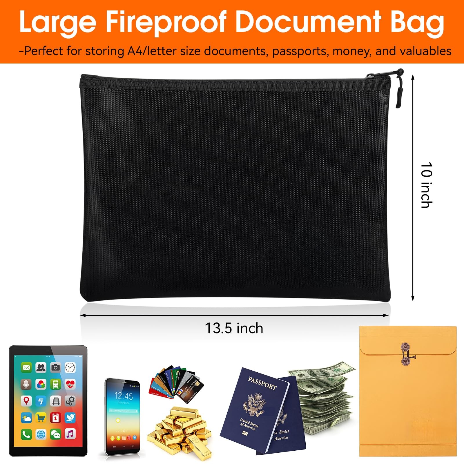 Fireproof Document Bag 10x13.5 Inch Waterproof Holder Zipper Secure Storage