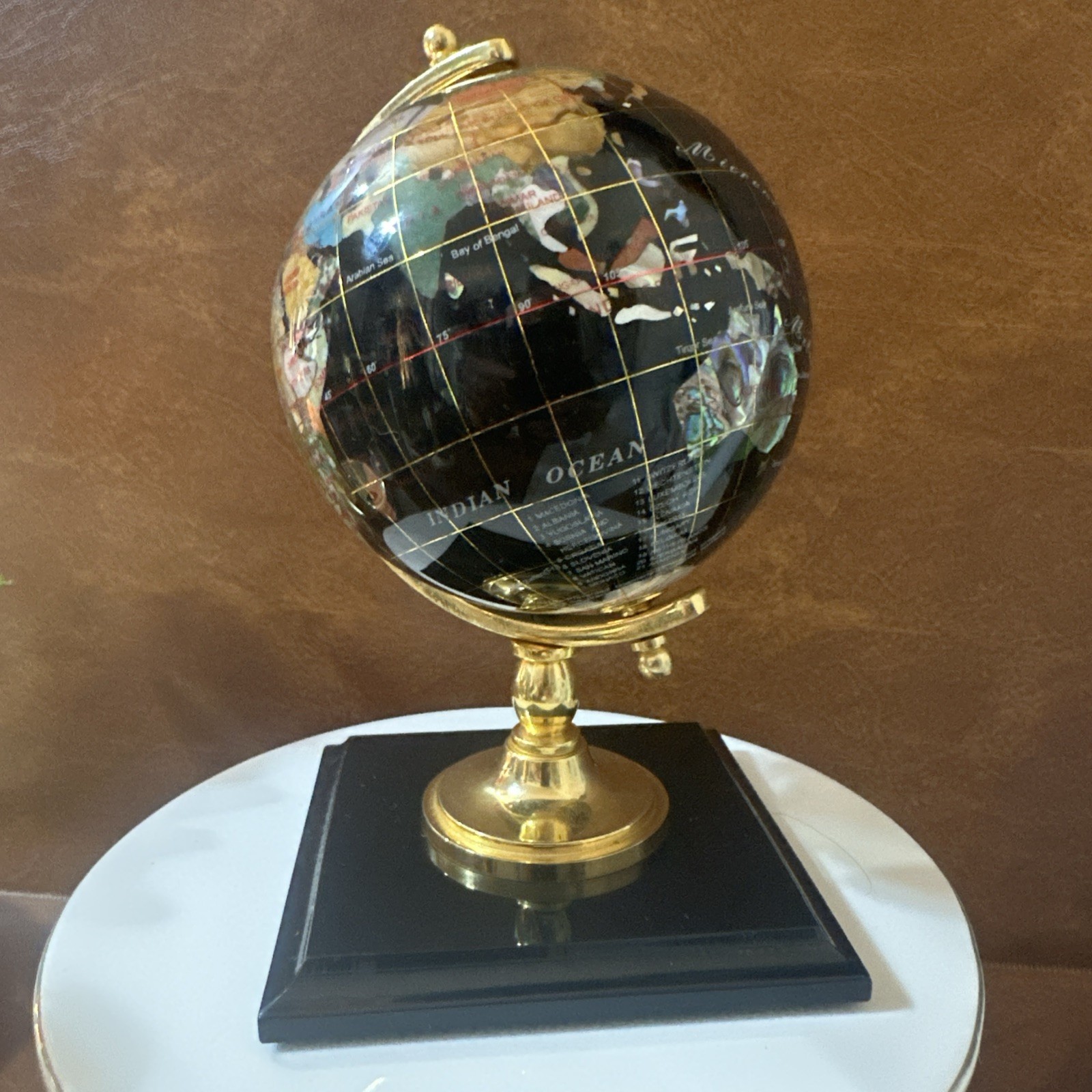 World Globe Blue Lapis Shell/Semi-Precious Stone Gold Inlays Desktop Stand 7.5 b