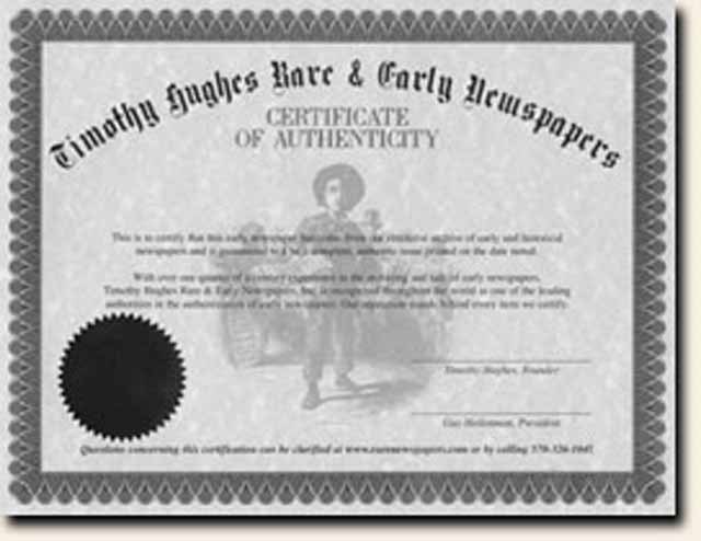 Certificate of Authenticity for "TIMHU" Newspaper/Item