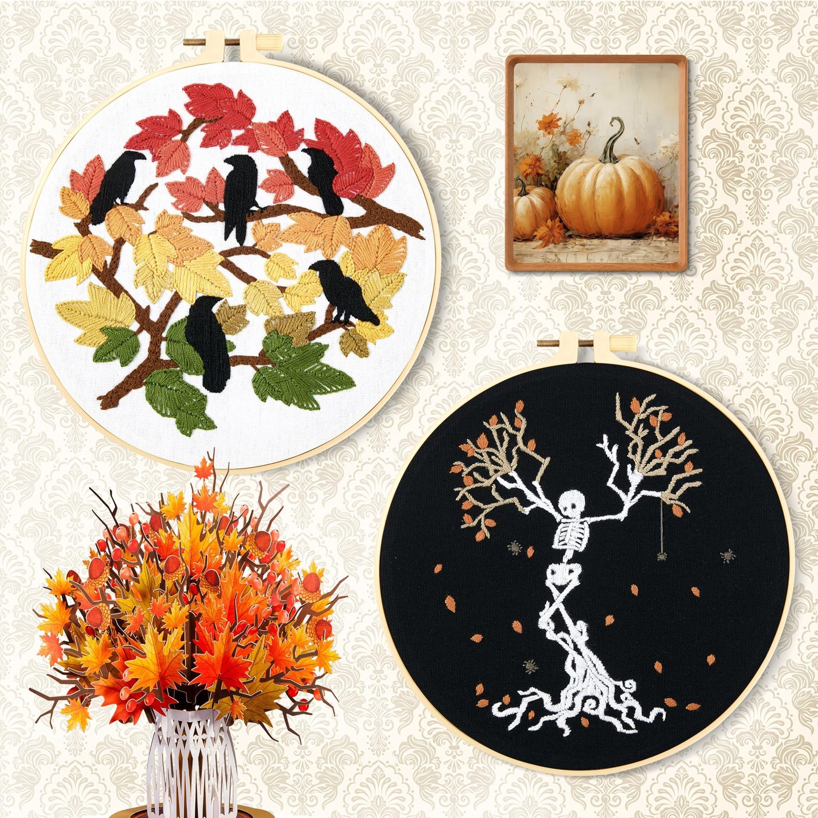 Fall Maple Leaf Embroidery Starter Kits for Beginners Adults, 8inch, Red
