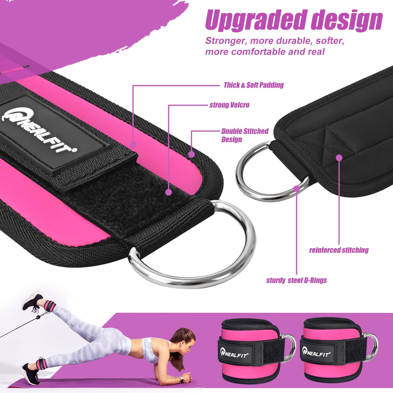NEALFIT Ankle Strap for Cable Machine, Gym Cuff Single, Pink