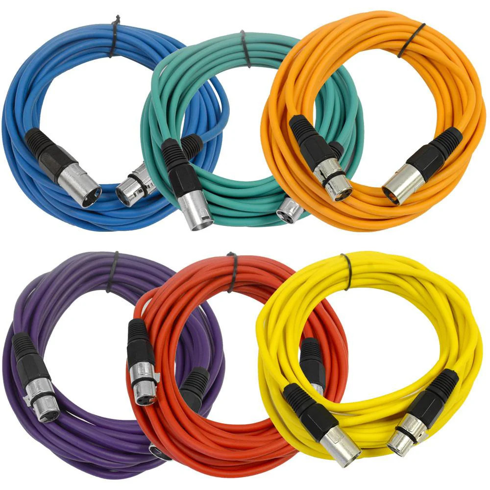 6 Pack 25ft Multi-Color XLR Patch Cables Microphone Mic Cord Set