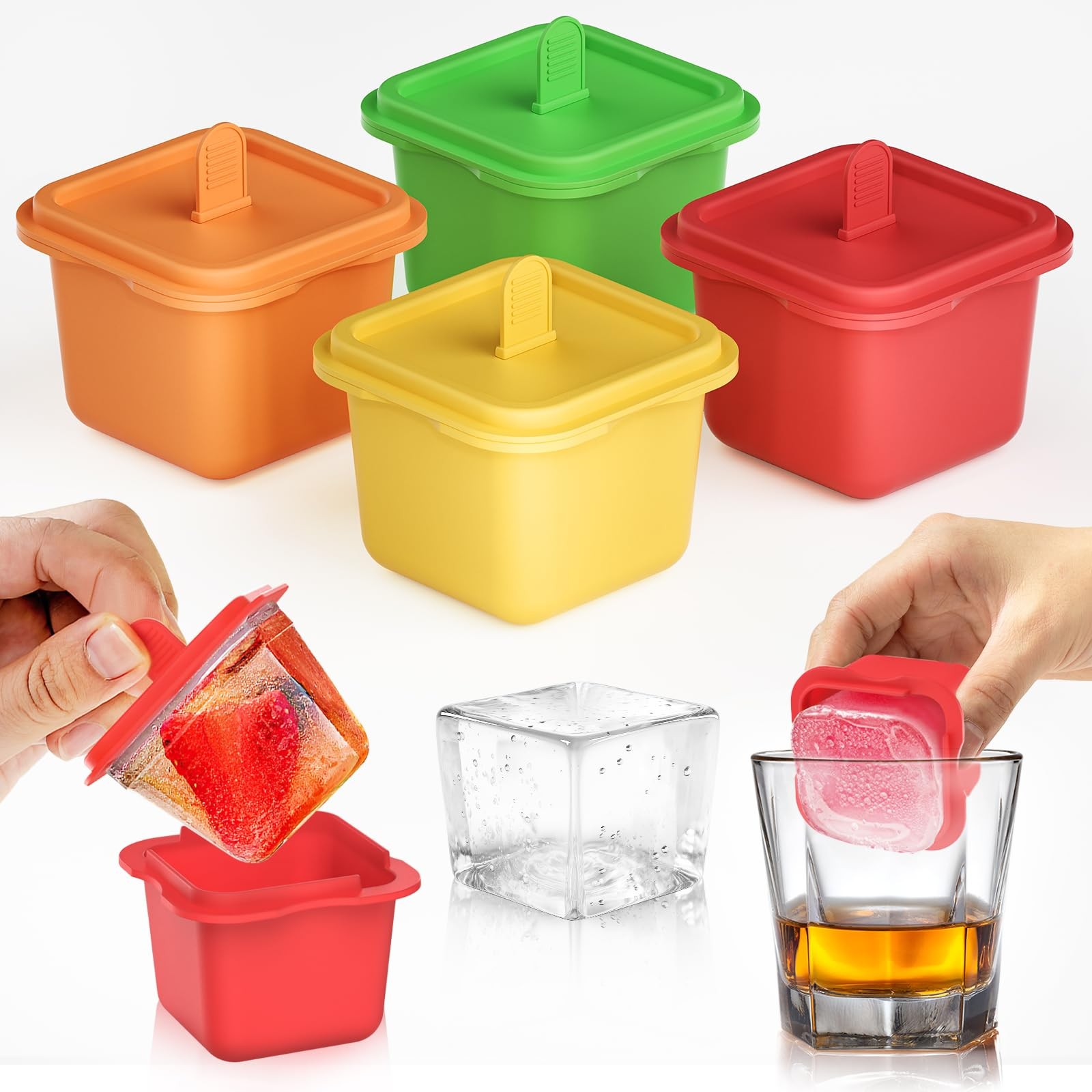 Set of 4 Individual Large Square Ice Cube Molds & Popsicles Molds, 2'' Big Ic...