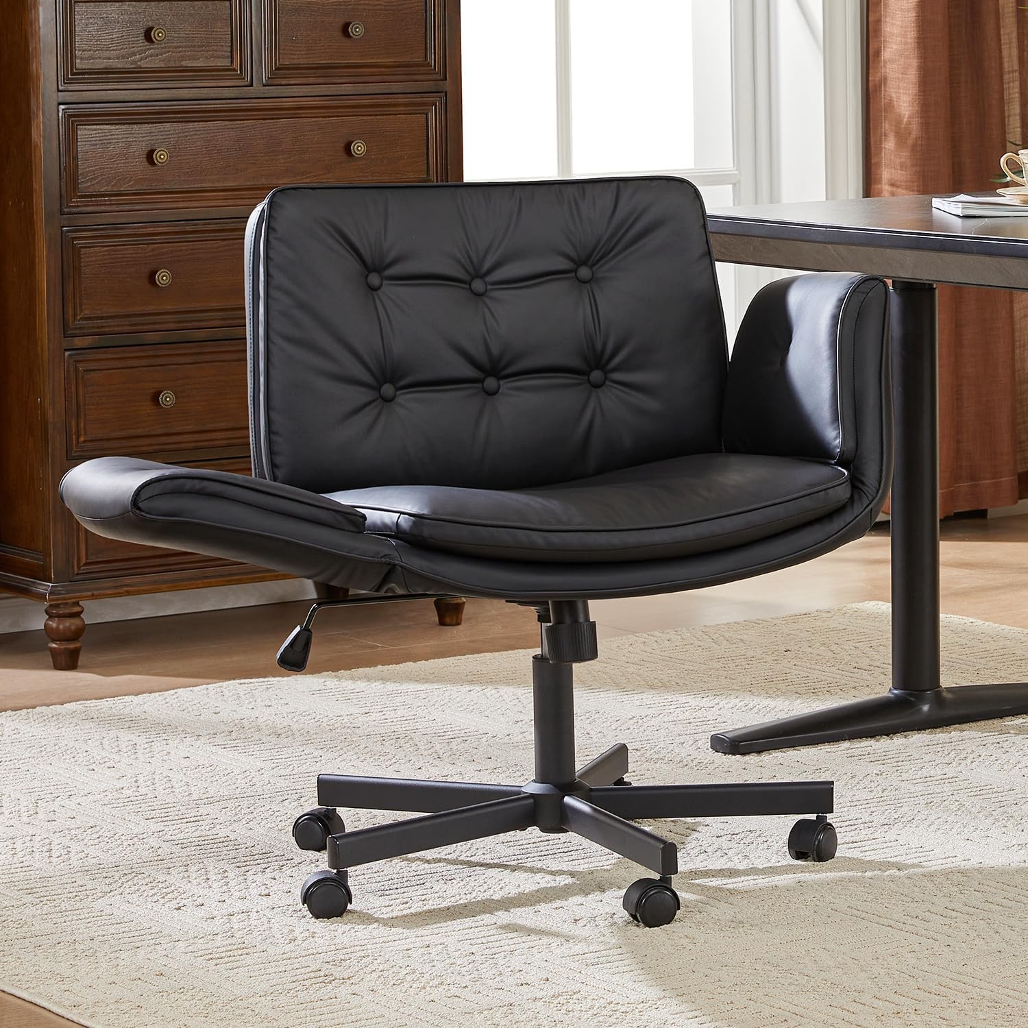 Criss Cross Chair W/ Armrests & Wheels PU Leather Vanity Chair Comfortable