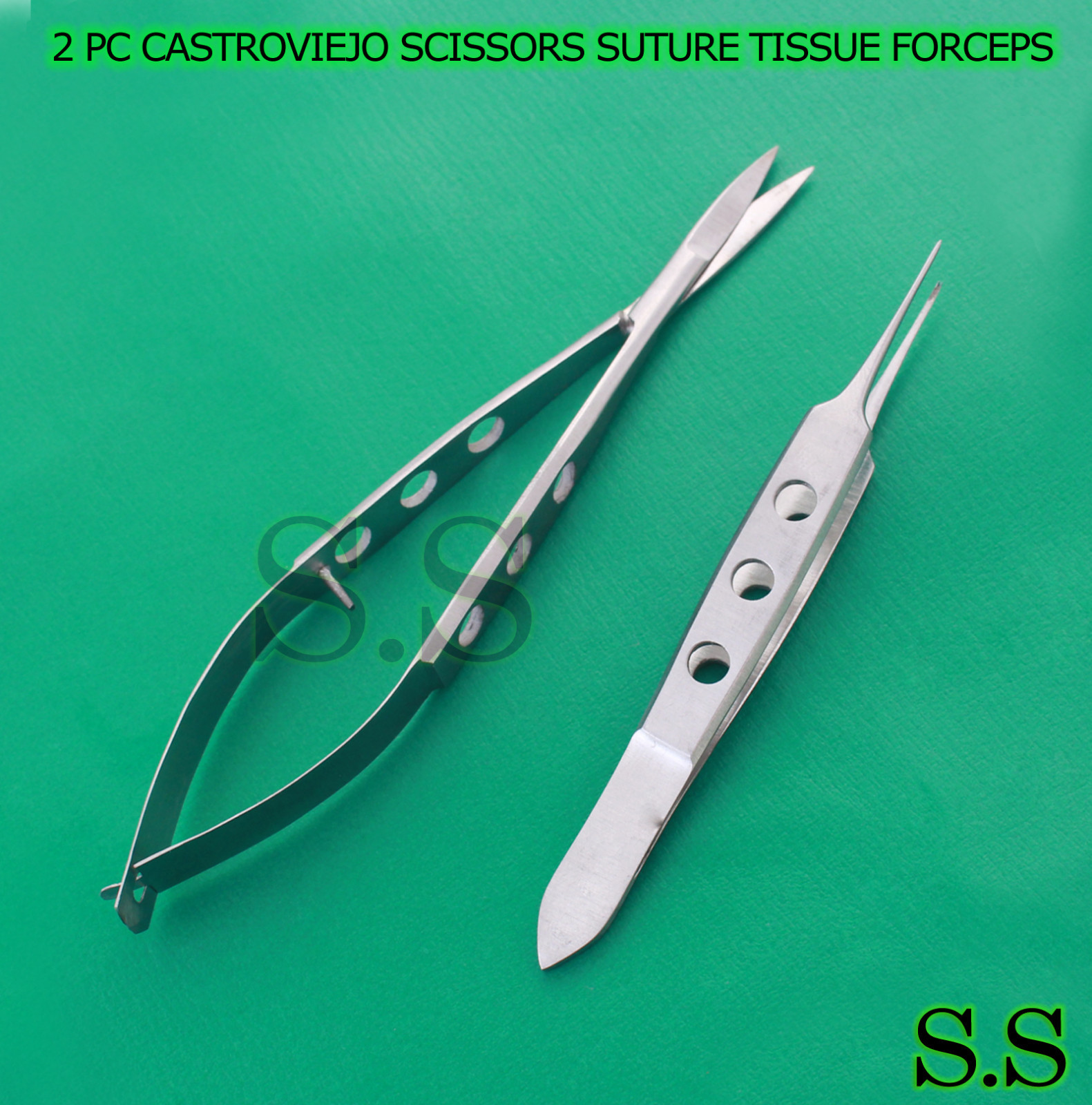 2 PC CASTROVIEJO SCISSORS CURVED+SUTURE TISSUE FORCEPS SURGICAL INSTRUMENTS