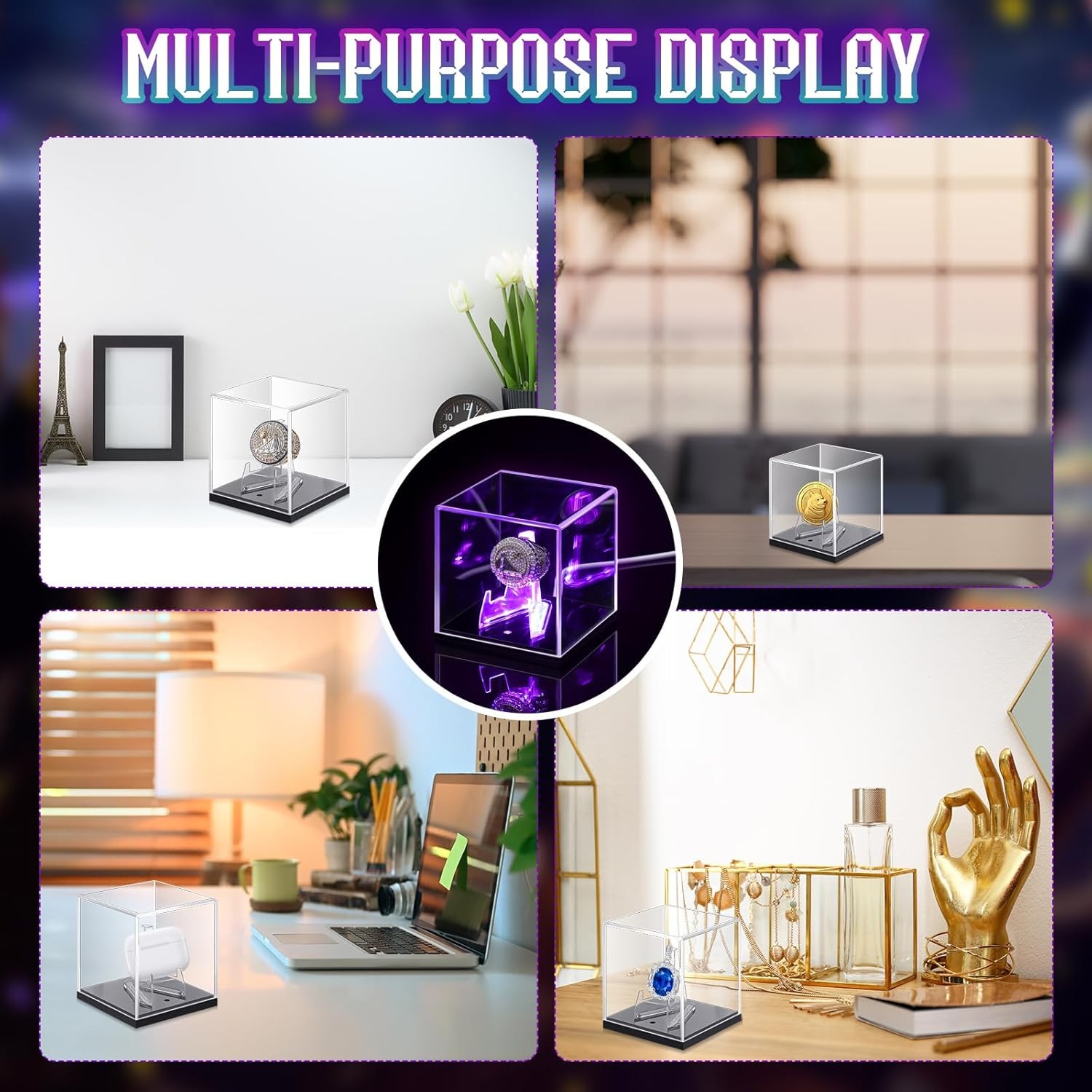 Acrylic Championship Ring Display Case with LED Light 7 Color Clear