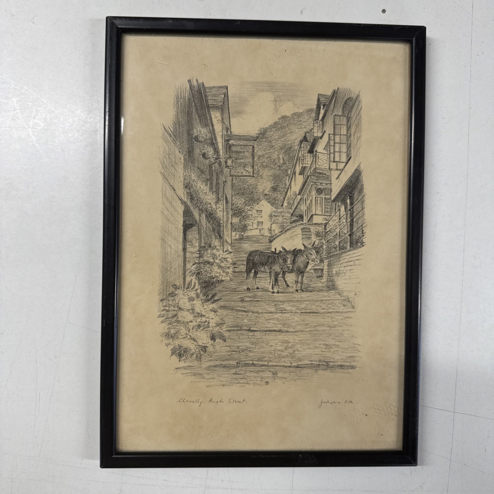 Original UK artist JUDGES Pencil Sketch of Clovelly High Street 25cm x 18cm