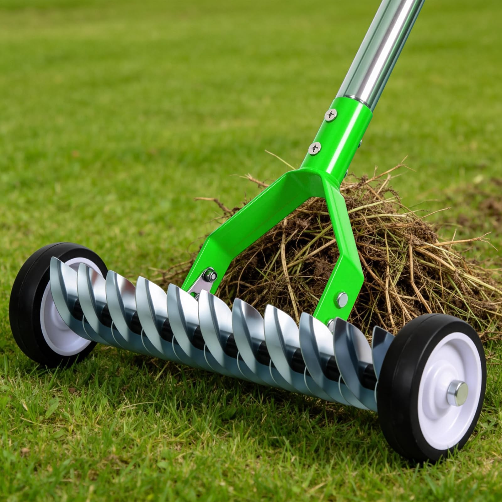 Thatch Rake, Adjustable Garden Rake Head and 38"65" Handle with Wheels, 21 & 11
