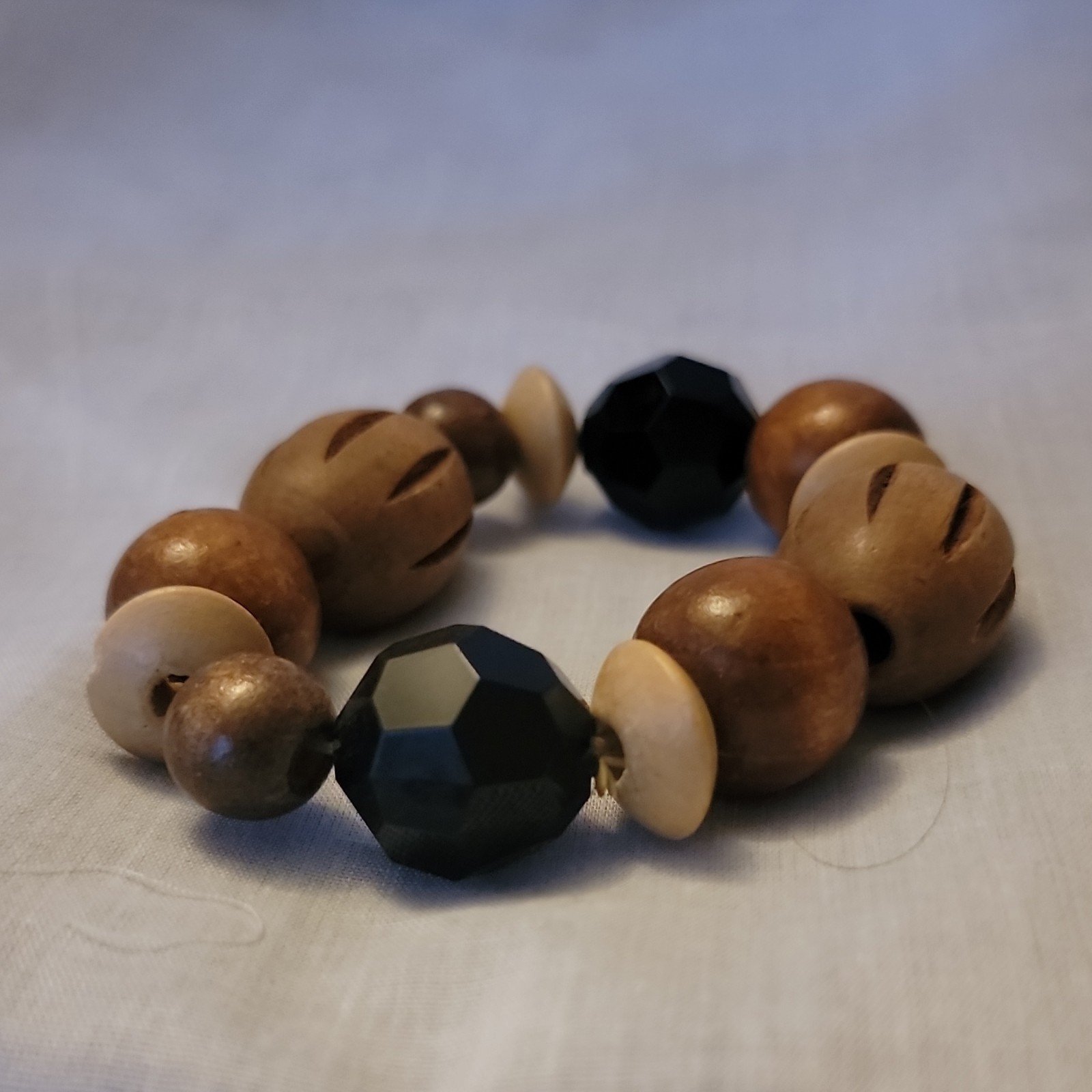 Bohemian Handcrafted Chunky Wooden Beads & Beige Discs & Black Faceted Beads