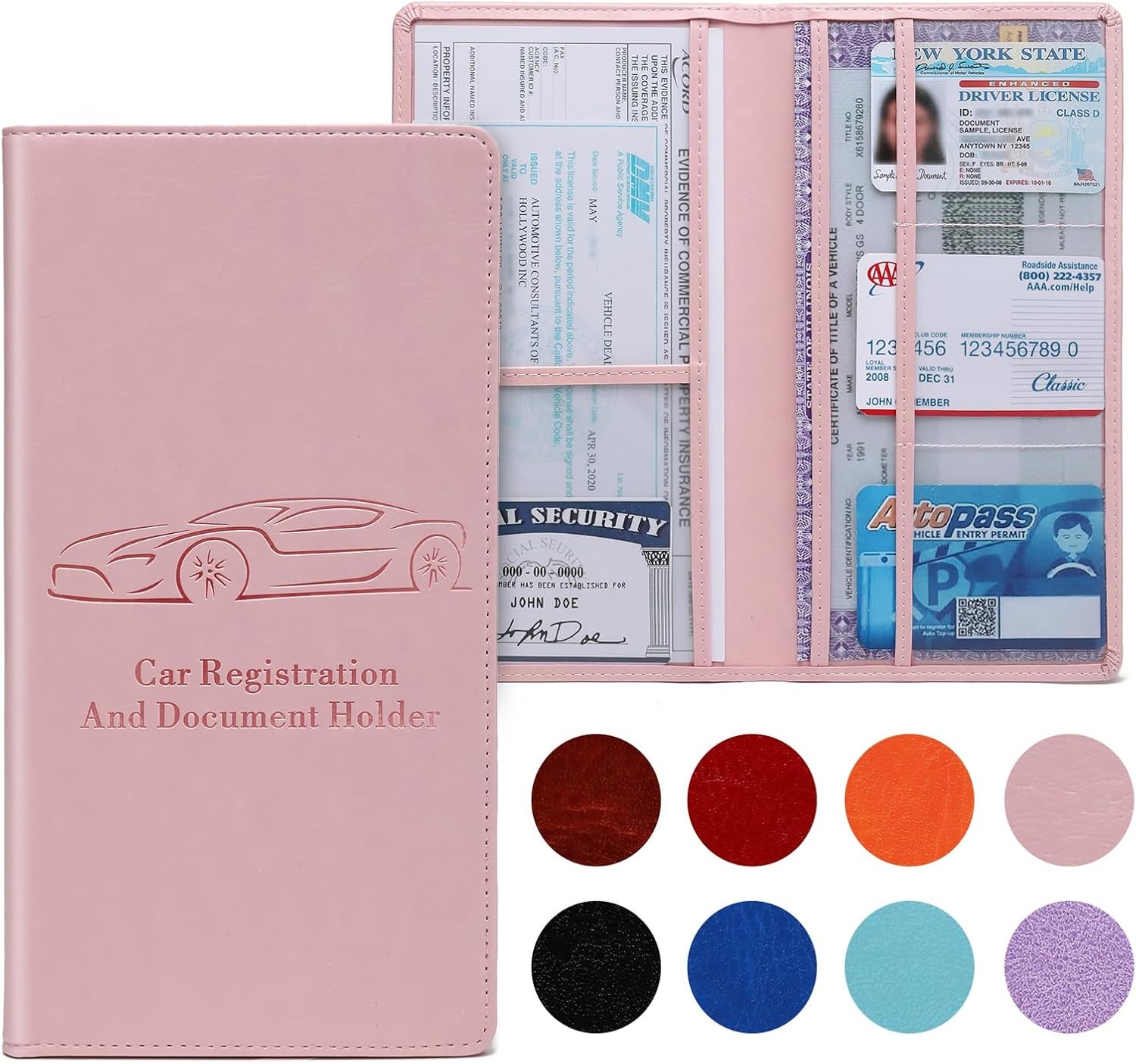 Car Registrat and Insurance Card Holder for Women Men, Pink Glove Box