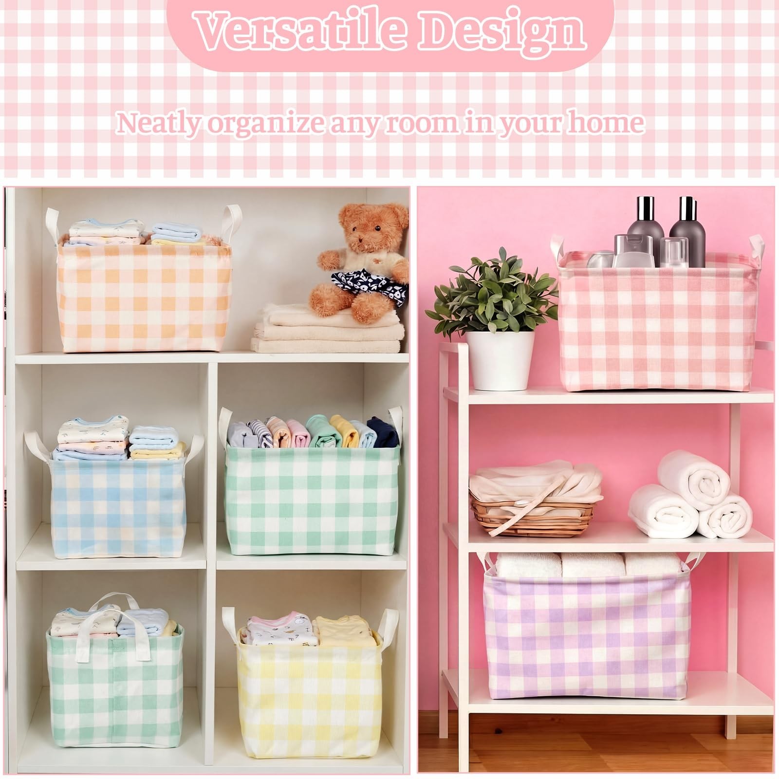 6 Pack Plaid Canvas Baskets Rectangular Storage Bins Collapsible Decorative O...