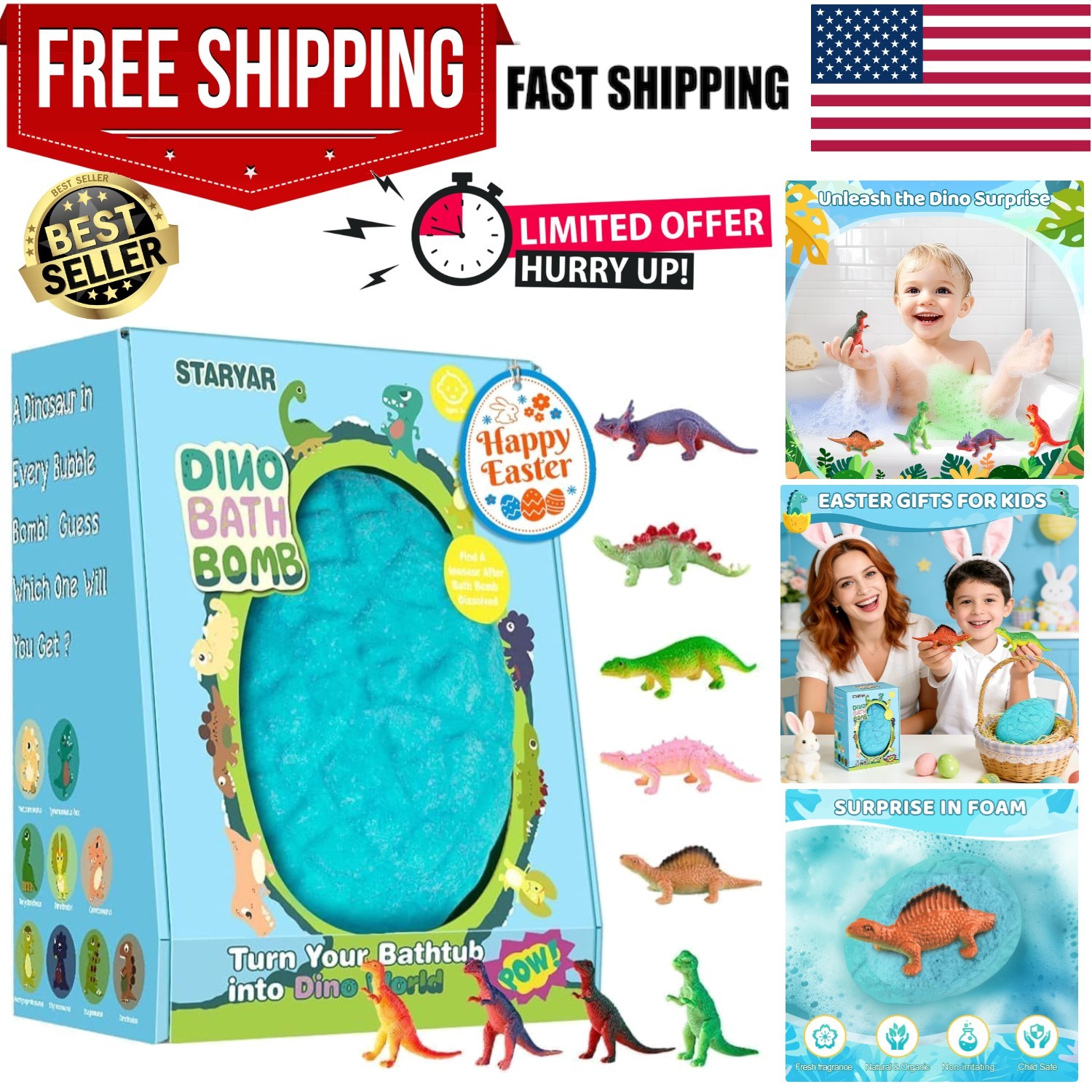 Easter Bath Bombs for Kids with Surprise Dinosaur Toys Inside, Easter Basket ...
