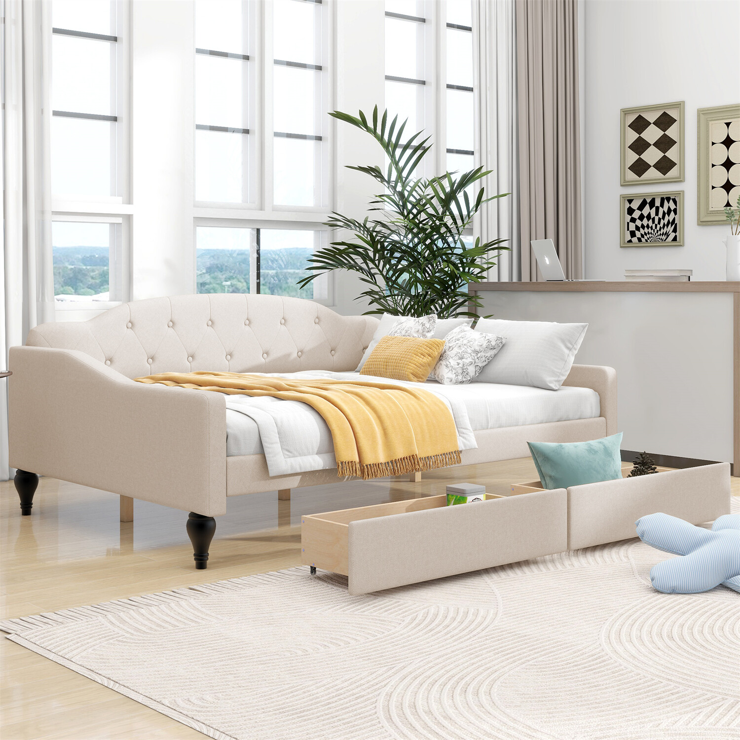 Full Size Daybed Upholstered Bed Frame Sofa Bed with 2 Storage Drawer Beige US