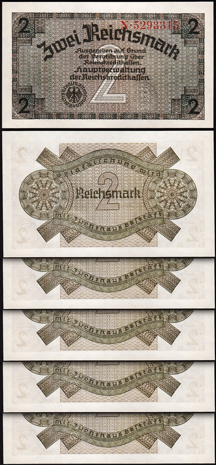 Germany 2 Reichsmark 1940 1945, UNC, 10 Pcs LOT, Consecutive, P-R137a, Watermark