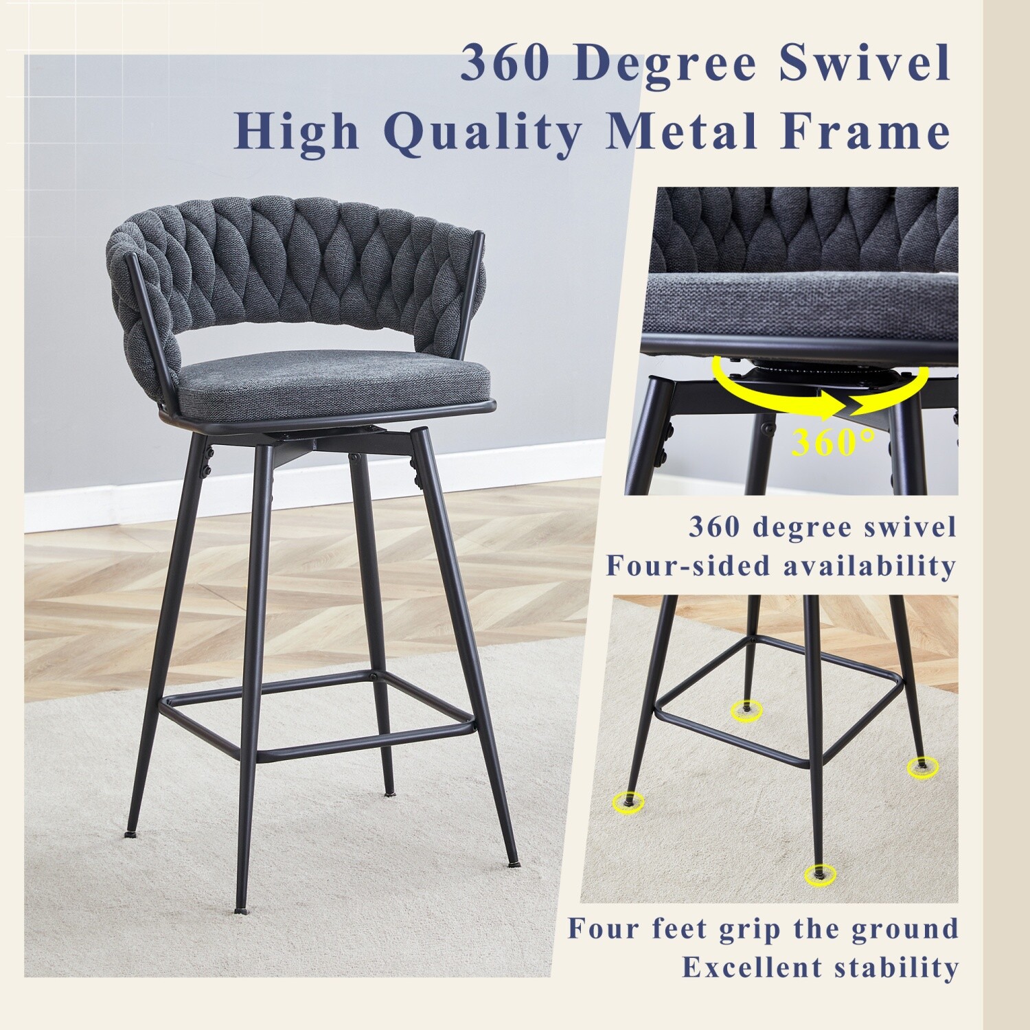 Set of 2 Swivel Bar Stools Counter Height Bar Chair Dining Chair with Metal Legs