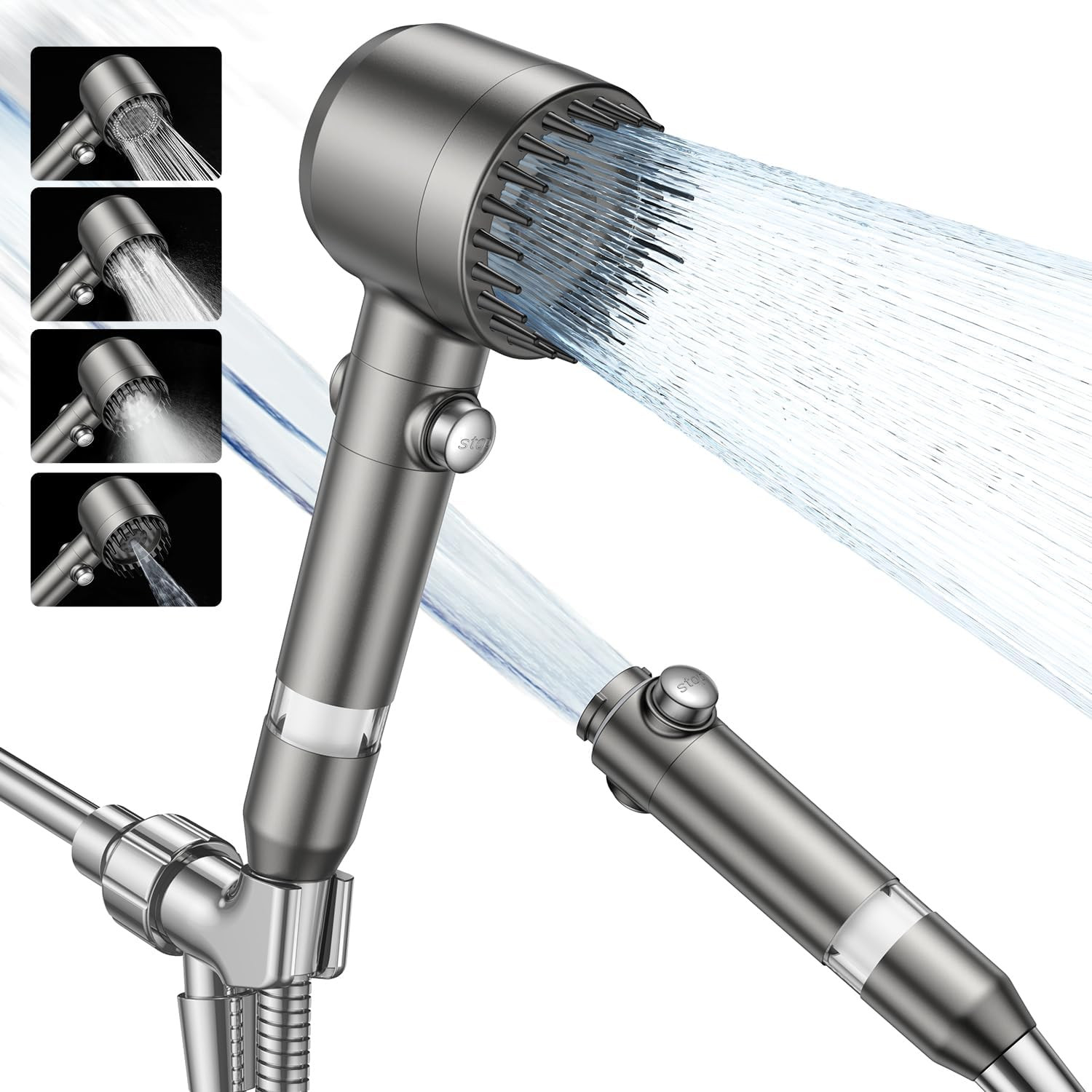 High Pressure Filtered Shower Head - 4 Spray Modes with Multi-Layer Filtration &