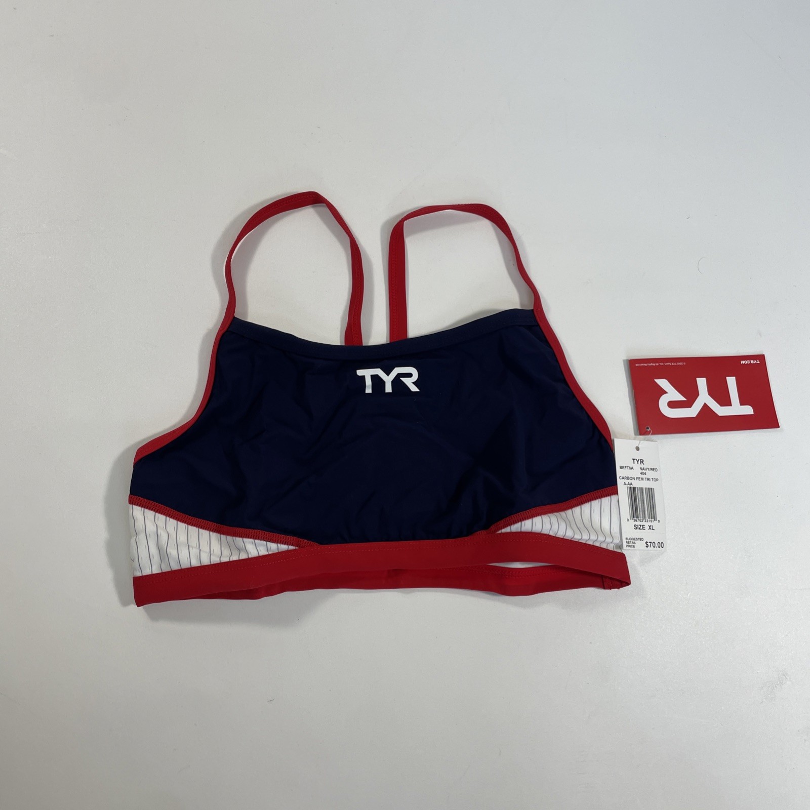 TYR Womens XL Carbon Series Thin Strap Tri Top NAVY RED WHITE Sports Bra Run
