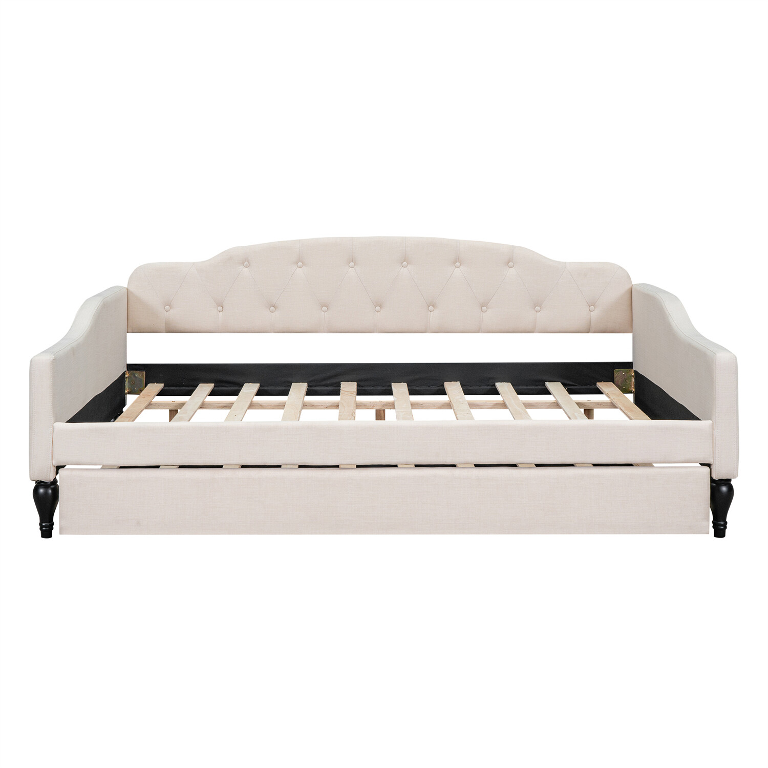 Full Size Daybed w/ Pull Out Trundle Bed Upholstered Bed Frame Sofa Bed Beige