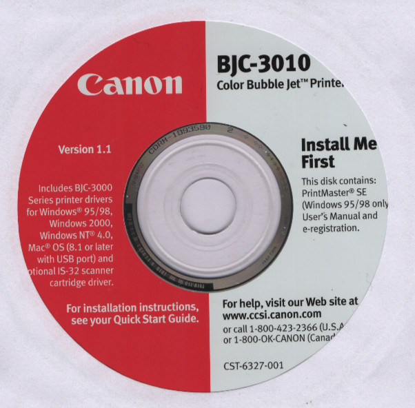 Canon BJC-3010 Color BubbleJet Printer Driver CD-ROM Windows 95 98 2000 NT MacOS