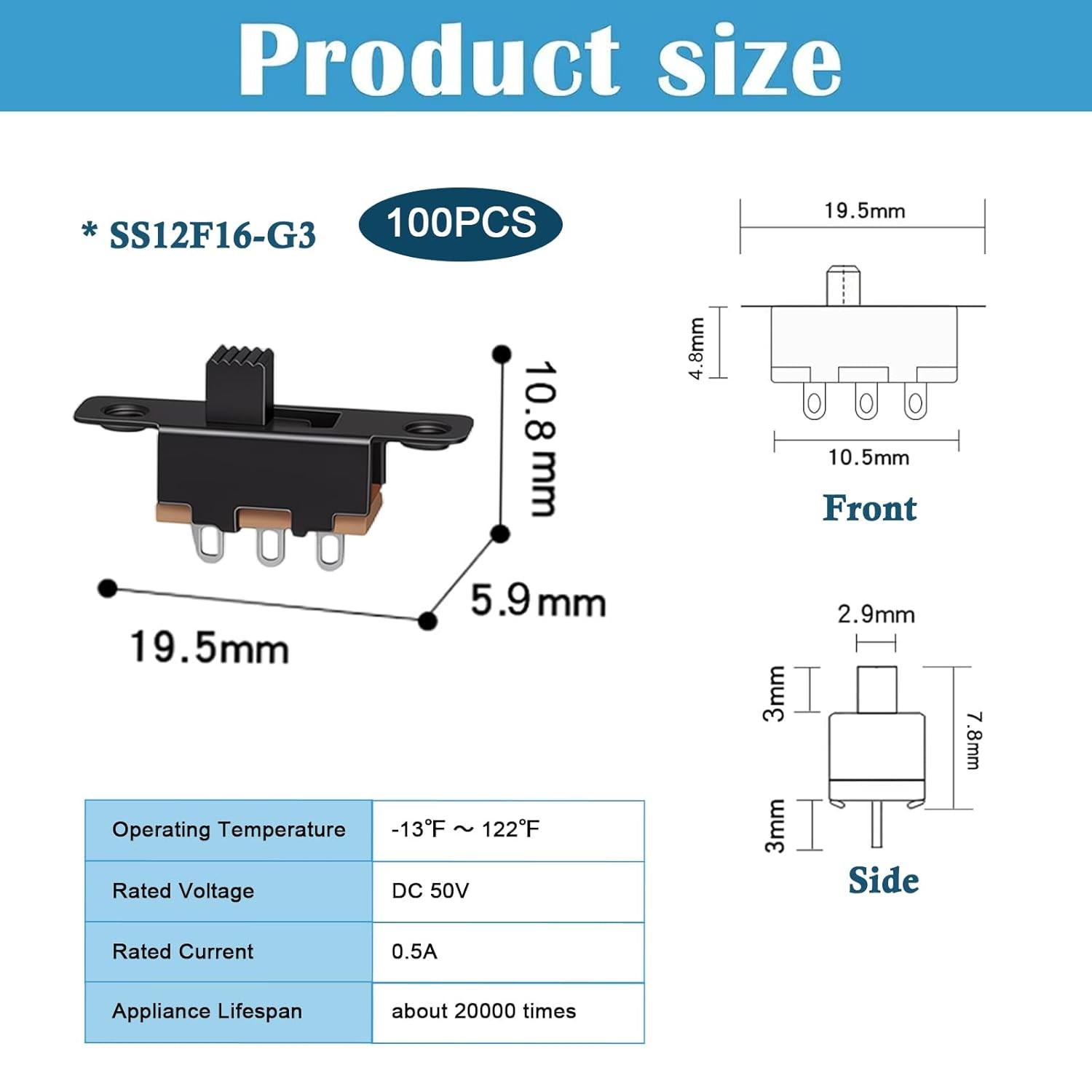 100PCS 3mm High Knob Vertical Micro Mini Slide Switch SPDT 3 Pin 2 Position