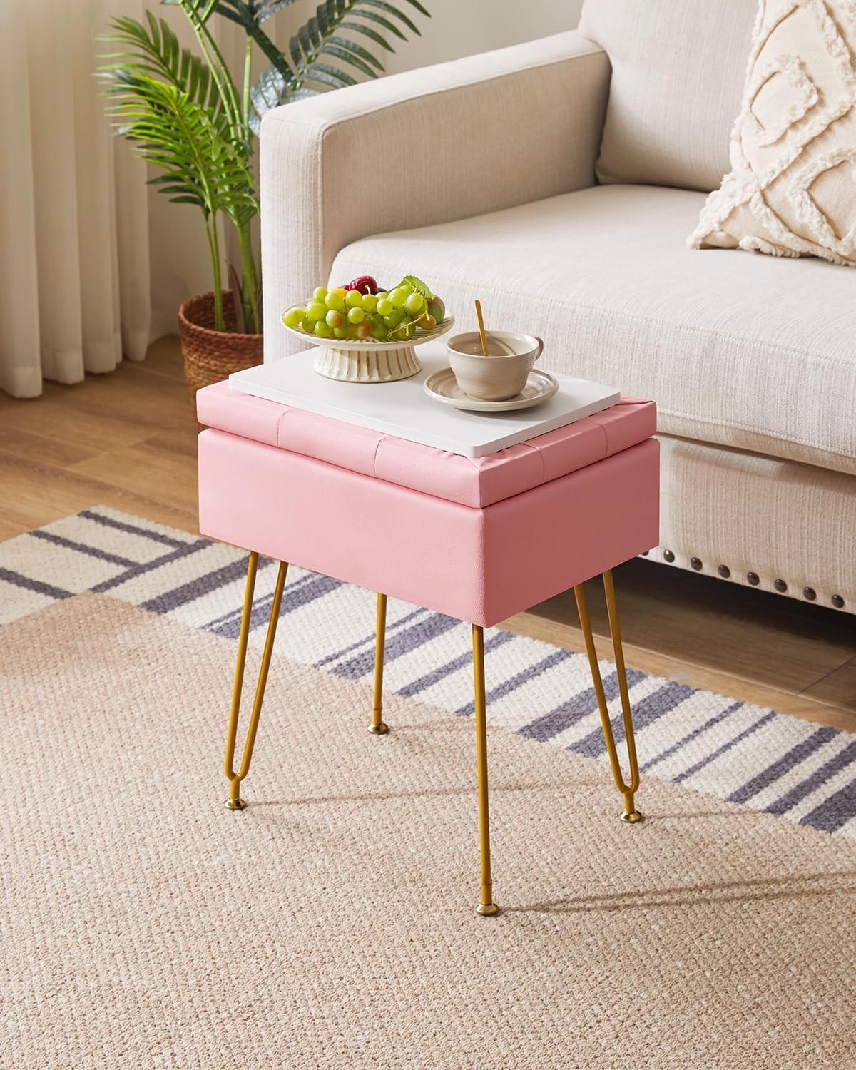 Multifunctional Storage Vanity Stool with Flip Tabletop, Adjustable Metal Leg...