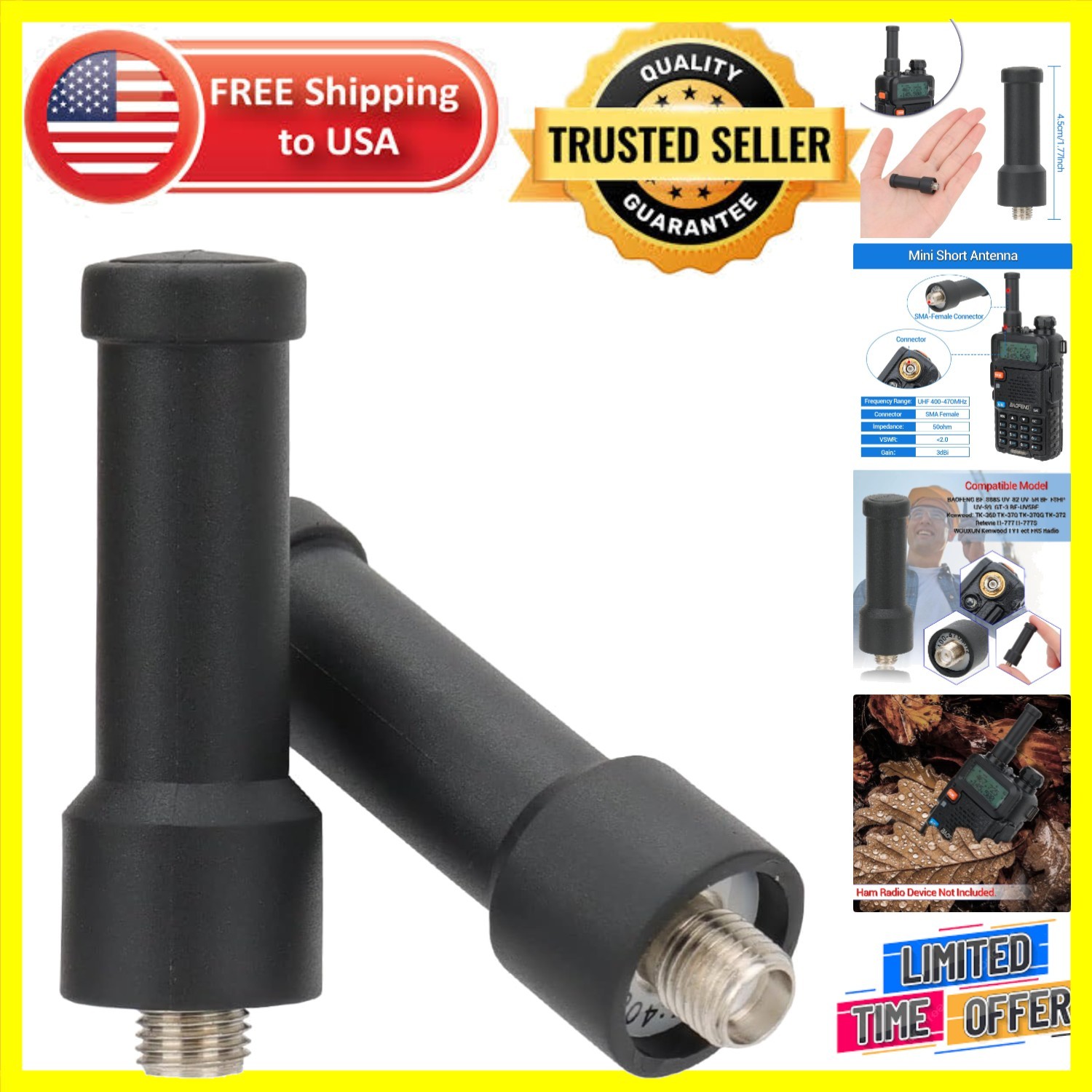 Durable 2-Pack UHF Stubby Antenna 1.77" for Kenwood & Wouxun Walkie Talkies