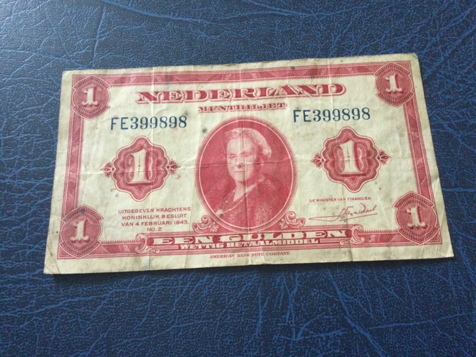 1 Netherlands Gulden banknote dated 4/2/43 serial no FE…