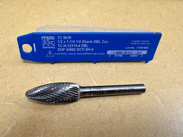 PFERD Carbide Bur 24882, 1/2" x  1-1/4" x 1/4" Shank DBL CUT